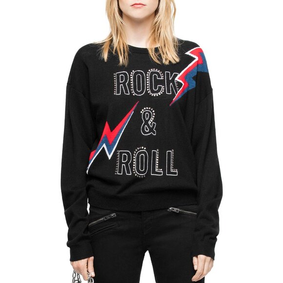 Zadig & Voltaire Womens Kansas Bis Merino Wool Sweater Rock & Roll Black S - Picture 1 of 5